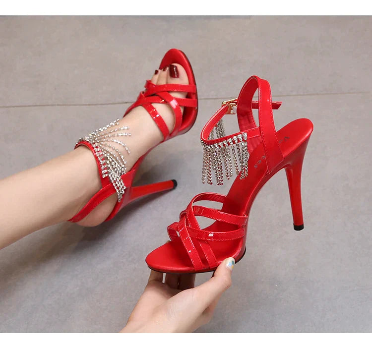 Model Catwalk High Heels Stiletto Sexy Platform 11cm Sandals Female Summer Red party Shoes Woman Sandals Cross Straps Size 43
