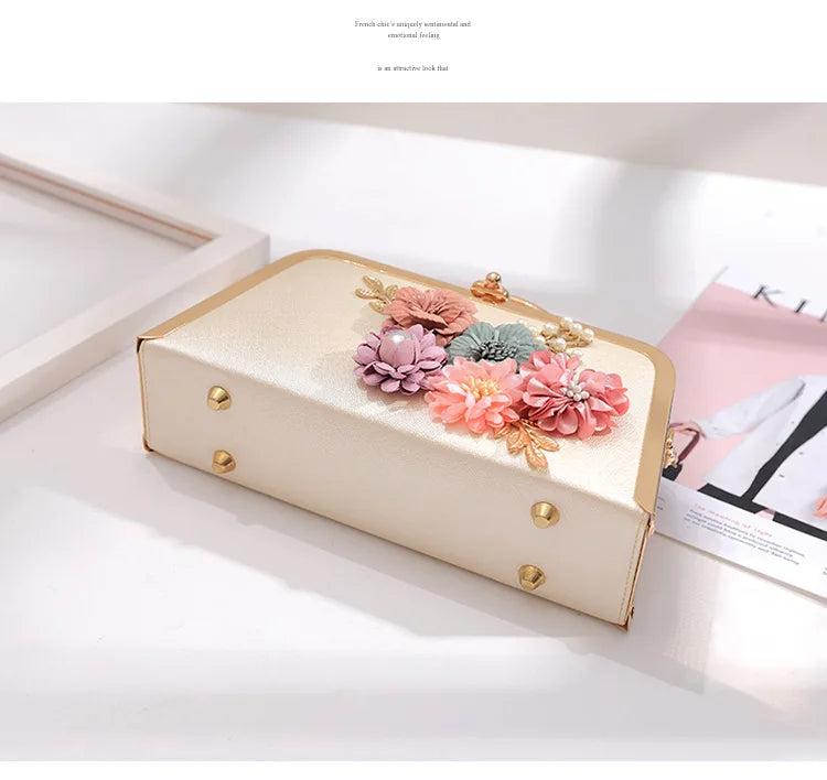Evening Bags Women Clutch Bag High-end Leather Evening Wedding Bridal Handbag Pearl Flower Fashion Chain Party Packs