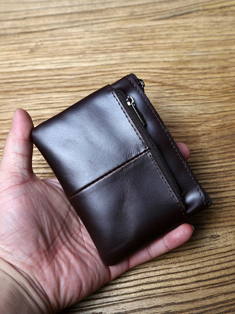 Men's Leather Zipper Coin Wallet First Layer Cowhide Mini Short Wallet Handbag Change Wallet