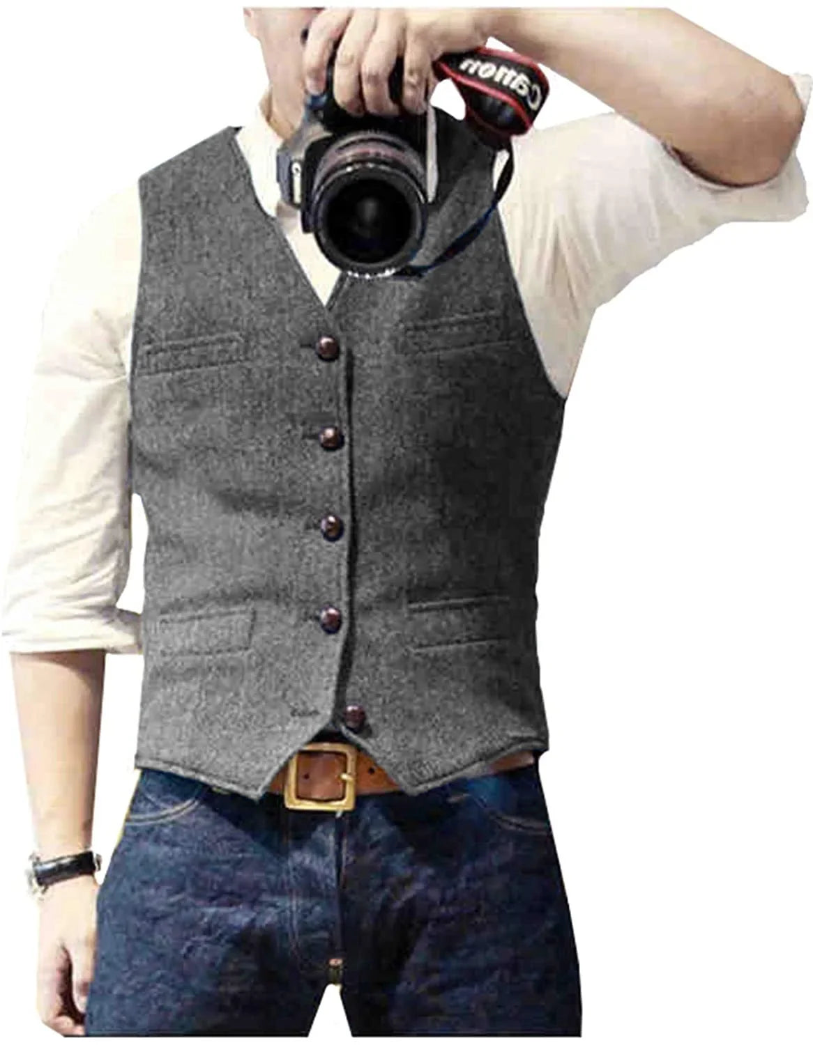 Men's Casual Classic Suit Vest V Neck Herringbone Tweed Slim Fit Business Waistcoat For Wedding