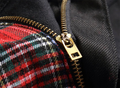 New Fashion Red Plaid Patchwork Punk Zipper Men Pencil Jeans Trousers Y2K Buckle Hip Hop Gothic Slim Denim Pants Pantaloni Uomo
