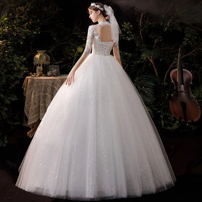 High Neck Wedding Dress 2024 Luxury Three Quarter Sleeve Lace Up Ball Gown Vestido De Noiva Plus Size Customized
