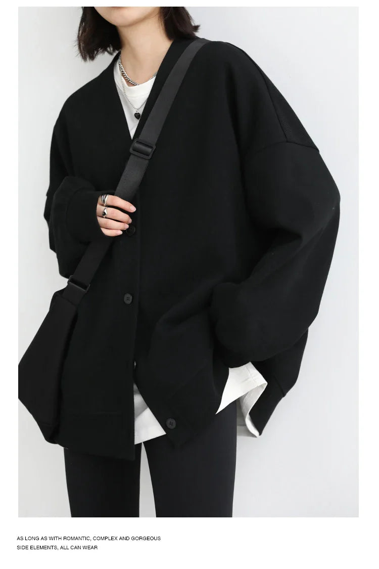 Korean Autumn Winter Women's Sports Coat Casual Loose V-neck Sweatshirt for Women Thick Warm Tops Office Lady Female