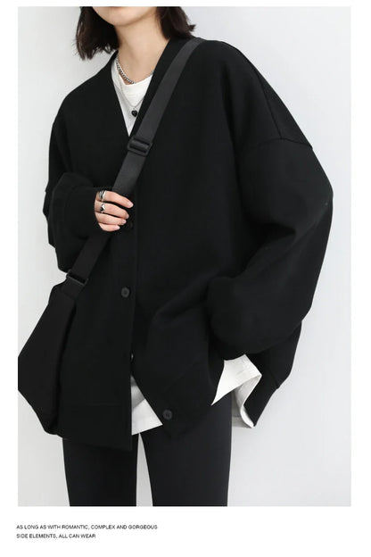 Korean Autumn Winter Women's Sports Coat Casual Loose V-neck Sweatshirt for Women Thick Warm Tops Office Lady Female