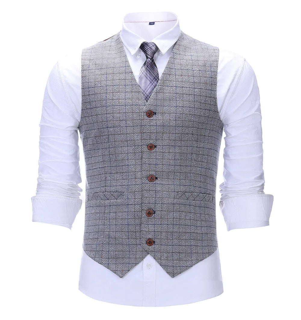 Men's Vintage Plaid Suit Vest Tweed Wool Waistcoat for Groomsmen for Wedding