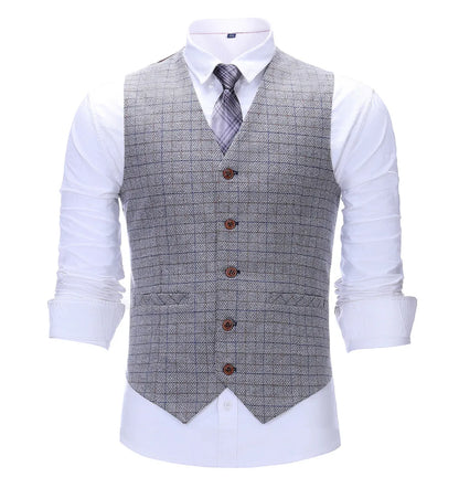 Men's Vintage Plaid Suit Vest Tweed Wool Waistcoat for Groomsmen for Wedding
