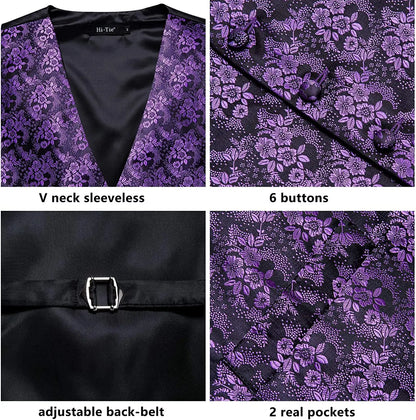 Silk Mens Vests Sleeveless Waist Jacket Jacquard Black Orange Floral Waistcoat Tie Hanky Cufflinks Set for Men Casual XXL