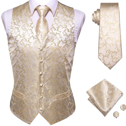 Luxury Mens Vests Black Gold Floral Jacquard Waistcoat Tie Hanky Cufflinks Brooch Set for Men Suit Wedding Office XL