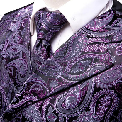 Silk Men's Vests and Tie Business Formal Dresses Slim Vest 4PC Necktie Hanky cufflinks for Suit Blue Paisley Floral Waistcoat