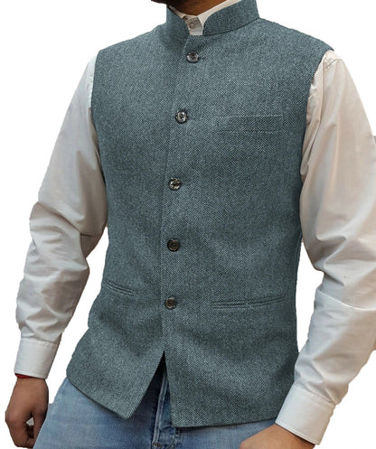 Men's Suit Vest Elegant Sleeveless Stand Collar Business Button Slim Fit Herringbone Waistcoat For Wedding