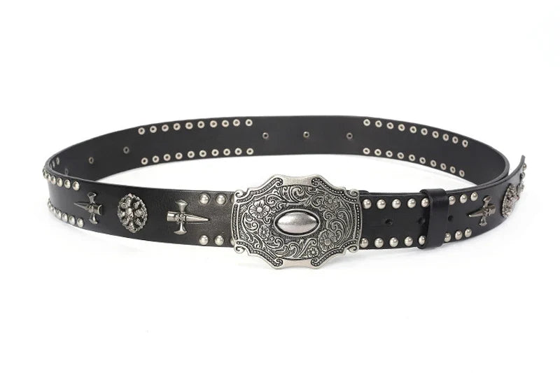 3.8CM Real Genuine Leather Vintage Metal Skull Punk Men Jeans Belt Stud Cowboy Strap Cinturon Ceinture Homme Riem Belts