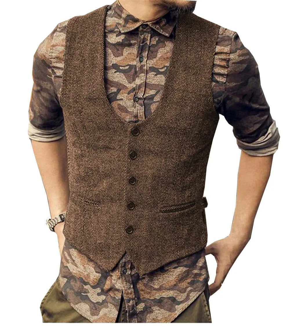 2022 Brown Men's Casual Herringbone Pattern Suit Vest Wool/Tweed Suit Vest U-neck Waistcoat Groomsmen For Wedding