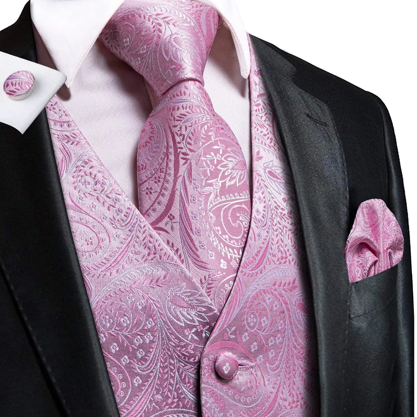 Luxury Silk Mens Vests Rose Gold Pink Striped Waistcoat Necktie Bowtie Hanky Cufflinks Set Waist Jacket For Men Wedding