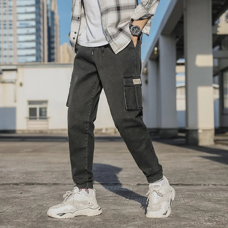 Men's Jogger Jeans Washed Cotton Slight Stretch Multi-Pockets Denim Cargo Pants Asian Size L-6XL