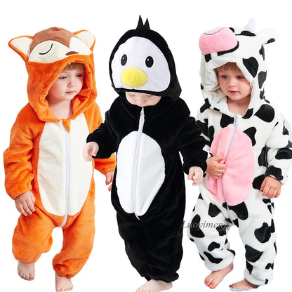 Winter Baby Rompers Baby Pijamas Panda Tiger Leopard Monkey Fox Animal Cartoon Hooded Jumpsuits Cosplay Costume Boys Girl Pajama