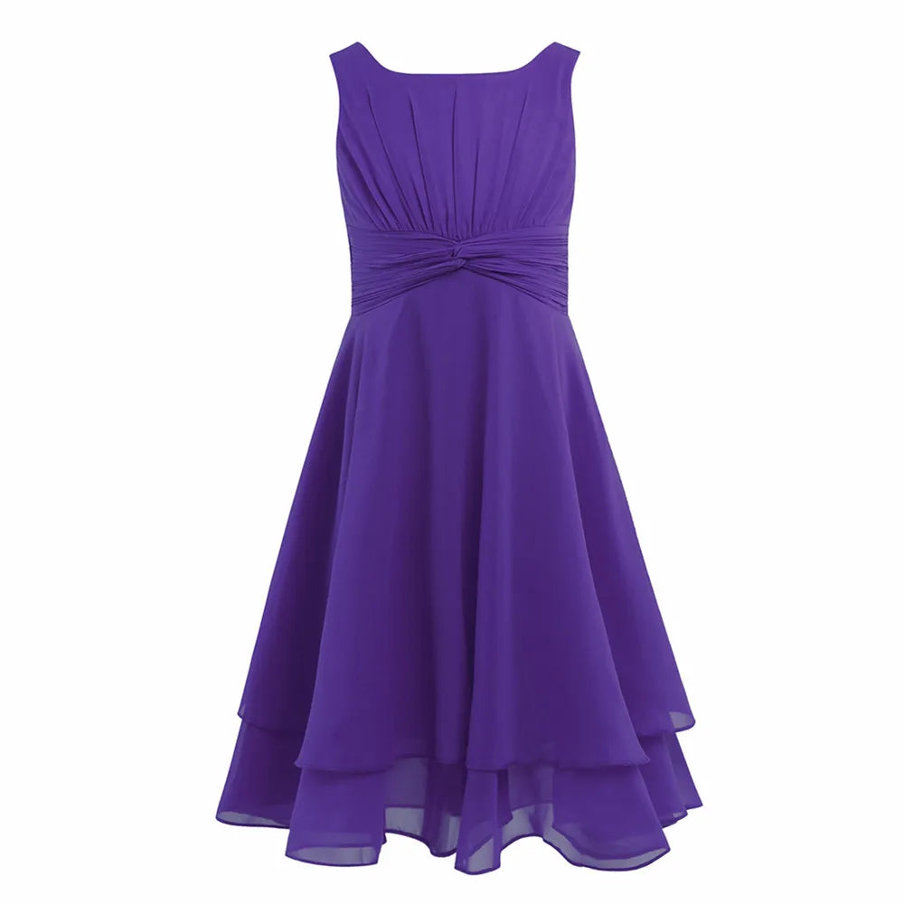 Summer Fashion Flower Girls Dress Wedding Birthday Party Kids Chiffon Dress Sleeveless Ruched Bodice Elegant Princess Dress
