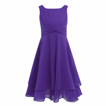 Summer Fashion Flower Girls Dress Wedding Birthday Party Kids Chiffon Dress Sleeveless Ruched Bodice Elegant Princess Dress
