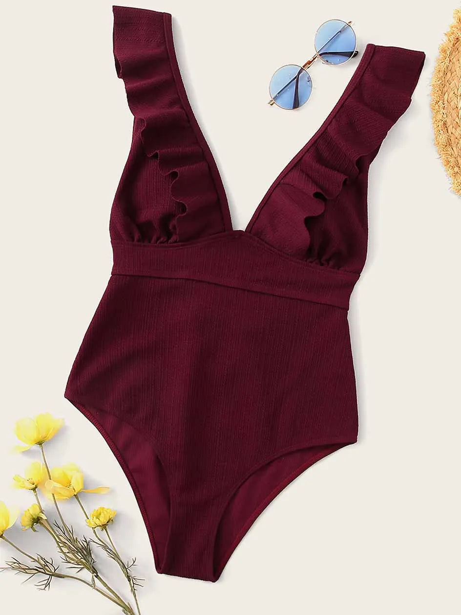 Sexy Ruffle Swimwear Women`s 2025 Deep V One Piece Swimsuit Female Bathing Suit Woman Bodysuit Swimming for Beach Wear Monokini