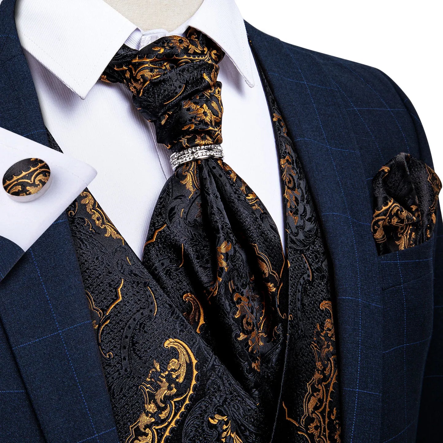 Men Gold Paisley Waistcoat Ascot Tie Pocket Square Necktie Ring Set Wedding Formal Dress Vests Sleeveless Jacket