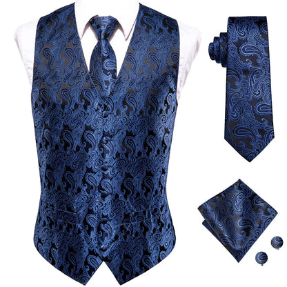 Luxury Mens Vests Black Gold Floral Jacquard Waistcoat Tie Hanky Cufflinks Brooch Set for Men Suit Wedding Office XL