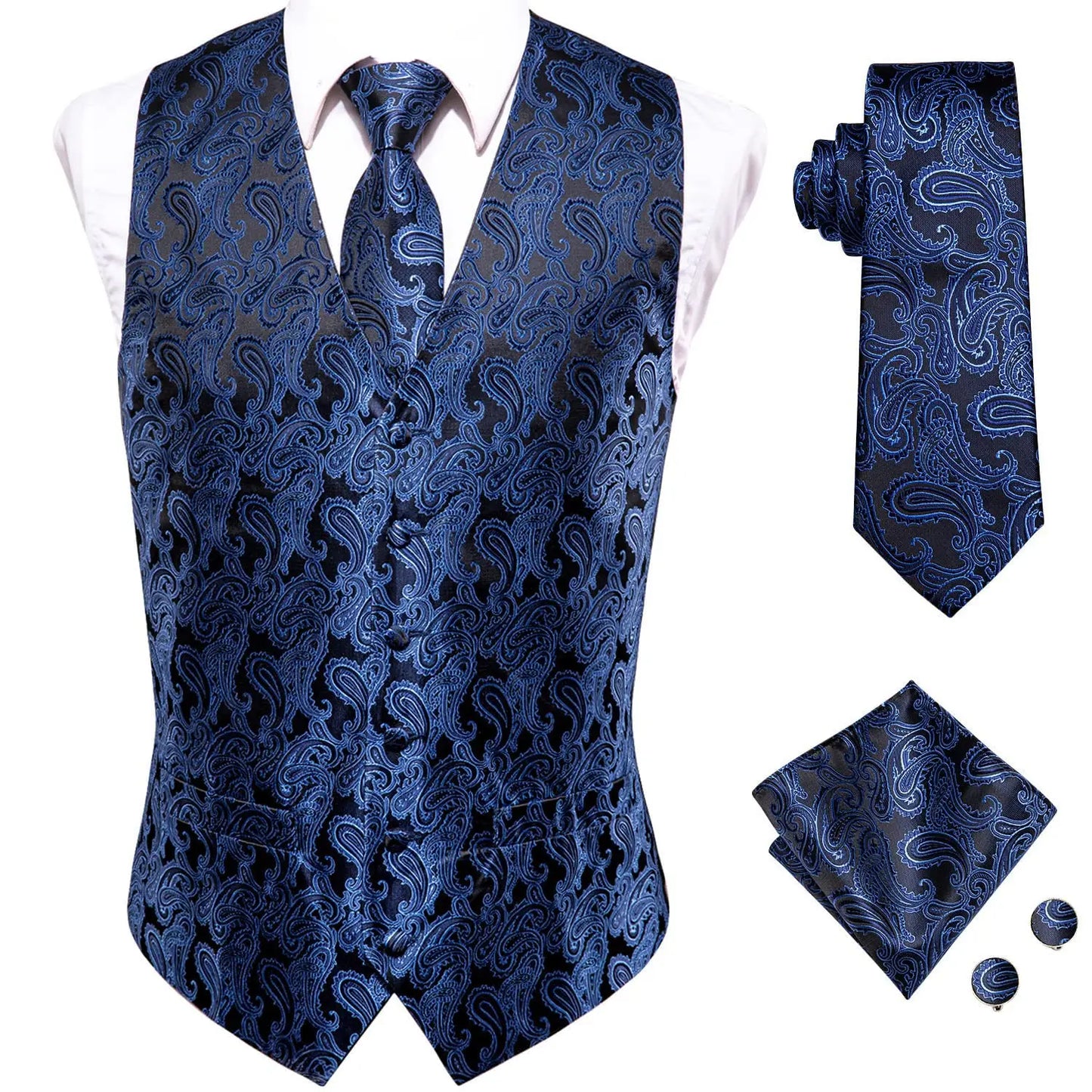 Luxury Gold Black Mens Vests Print Jacquard Waistcoat Tie Hanky Cufflinks Brooch Set for Men Wedding Formal Business Hi-Tie