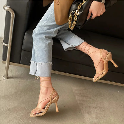 Fashion Hollow Breathable Mesh Square Toe Stiletto High Heels Women Pumps Ankle Lace-Up Elegant Dress Ladies Shoes