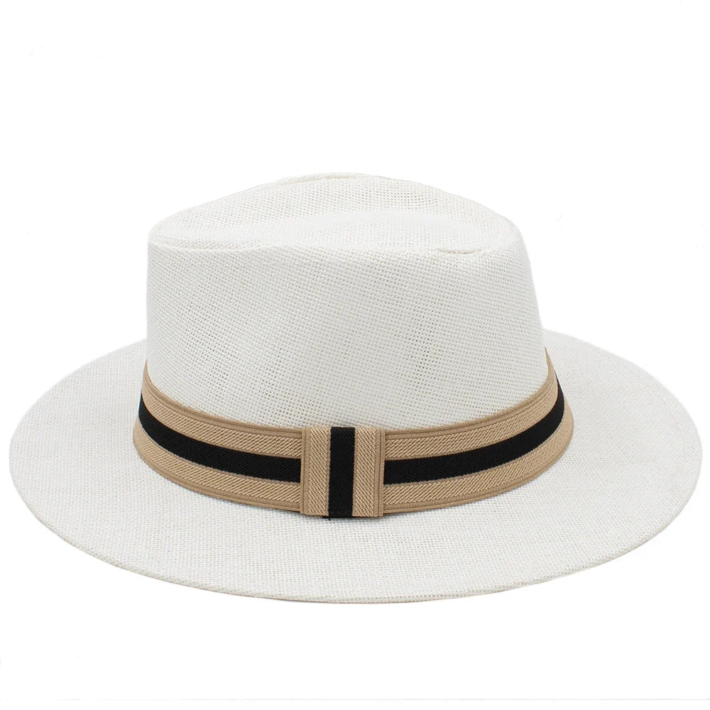 Men Women Straw Panama Hats Summer Wide Brim Bowtie Band Fedora Sunhats Trilby Caps Outdoor Beach Travel Size US 7 1/4 UK L