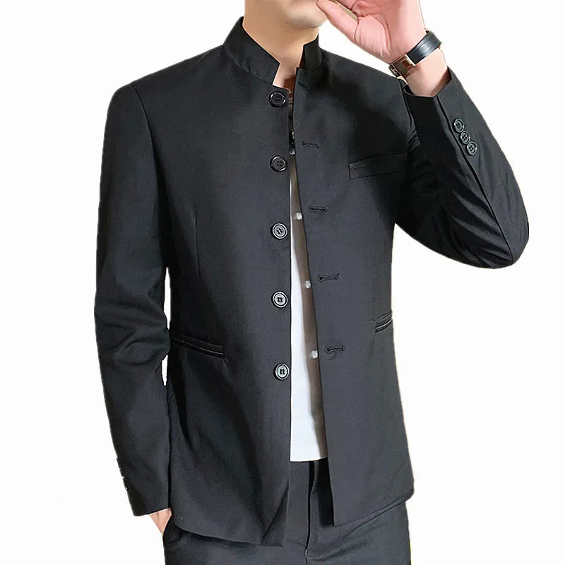 2026 New Men's Black Blazers Coat, Masculino Single Breasted Stand Up Collar Men Long-Sleeved Terno Jacket, Blue Red Overcoat