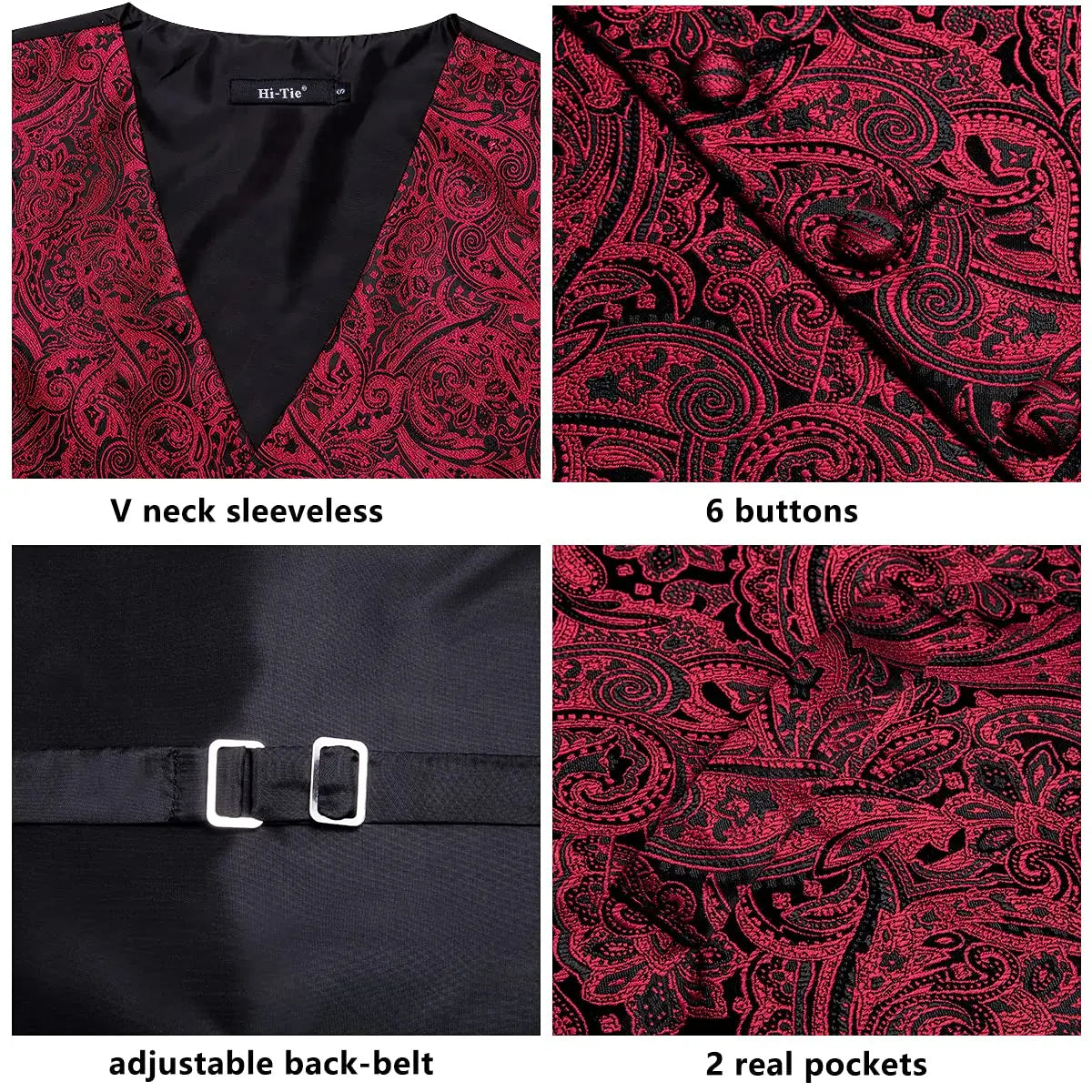 Navy Blue Mens Silk Vests Business Paisley V-Necl Waistcoat Tie Hanky Cufflinks Brooch Set for Men Suit Wedding Formal Hi-Tie