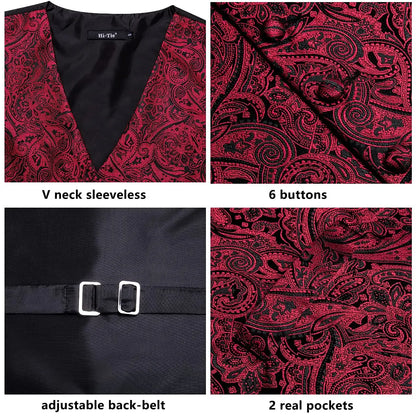 Navy Blue Mens Silk Vests Business Paisley V-Necl Waistcoat Tie Hanky Cufflinks Brooch Set for Men Suit Wedding Formal Hi-Tie