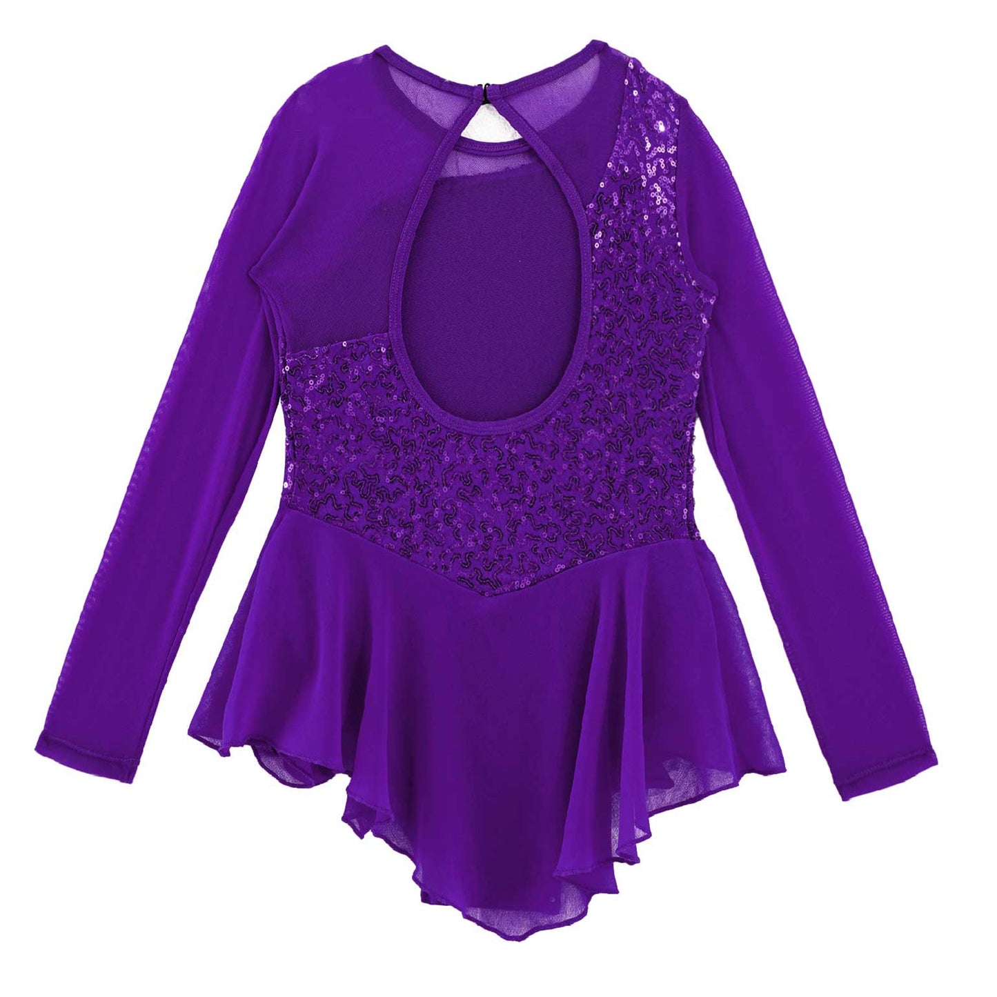 Girls Figure Ice Skating Dress Sparkly Sequin Gymnastics Dance Ballet Tutu Leotard Kids Long Sleeve Mesh Splice Dance Costume