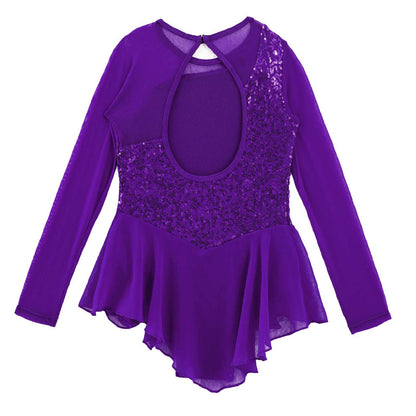 Girls Figure Ice Skating Dress Sparkly Sequin Gymnastics Dance Ballet Tutu Leotard Kids Long Sleeve Mesh Splice Dance Costume