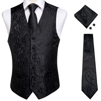 Classic Black Wedding Vest for Men Suit Vest Tie Ring Cufflinks Hanky Set for Party Formal Dress Business Casual Waistcoat