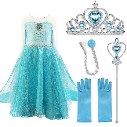 Elsa Dresses For Girls Princess Party Elsa Costume Snow Queen 2 Cosplay Elza Vestidos Hair Accessory Set Halloween Girls Clothes