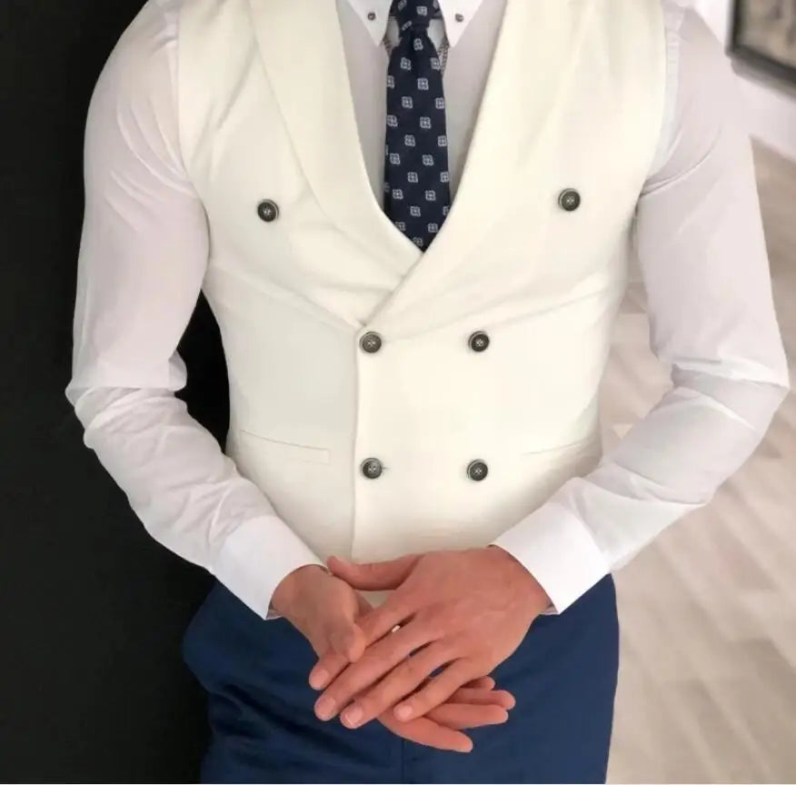 Men's Classic Double Breasted Suit Vest White Notch Lapel Waistcoat for Groomsmen for Wedding