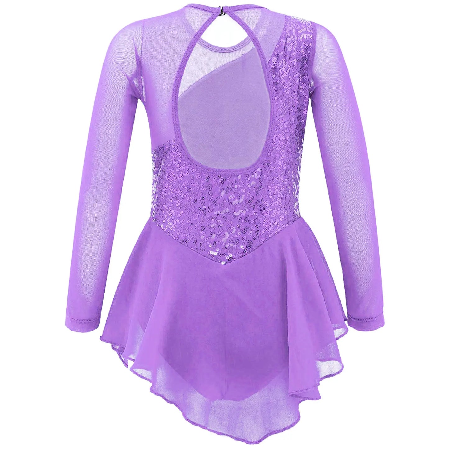Girls Figure Ice Skating Dress Sparkly Sequin Gymnastics Dance Ballet Tutu Leotard Kids Long Sleeve Mesh Splice Dance Costume