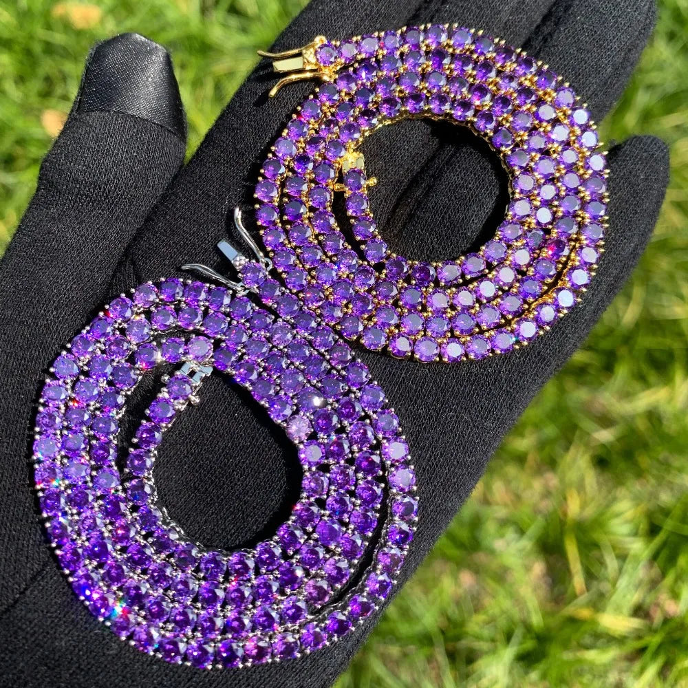 Purple Tennis Chain Necklace Hip Hop Rock Street Jewelry AAAAA Cubic Zirconia 24K Real Gold Color Plated