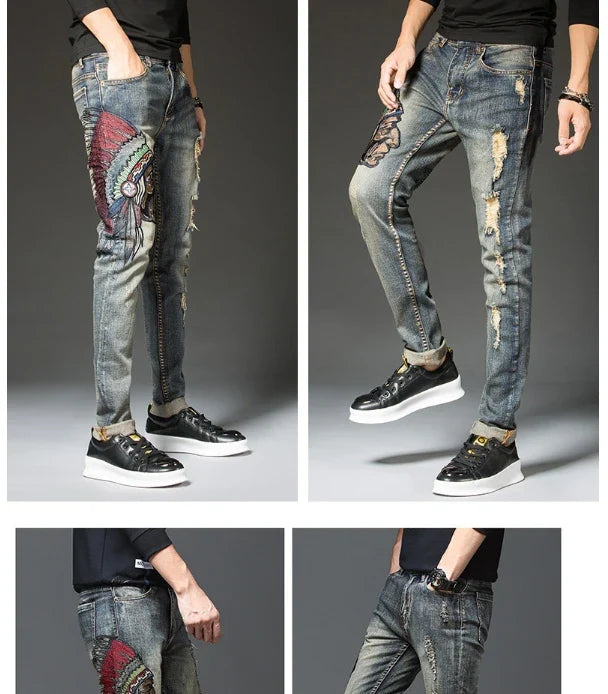 Indian Avatar Embroidered Jeans Men Scratch Long Cracks High Street Pants Soft Red Ears Blue Grey Slim 2020 Western Style