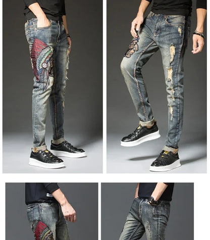 Indian Avatar Embroidered Jeans Men Scratch Long Cracks High Street Pants Soft Red Ears Blue Grey Slim 2020 Western Style