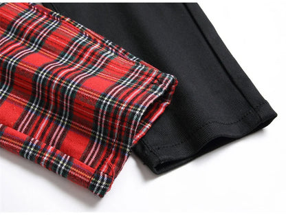 Men Punk Jeans Trendy Scotland Plaid Tartan Black Denim Pants Streetwear Rivet Patchwork Spliced Slim Straight Trousers