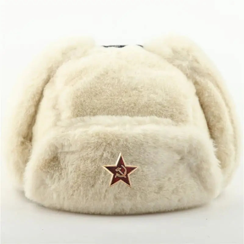 Soviet Badge Ushanka Men&Women Bomber Hats CCCP Army Pilot Trapper Trooper Hat Winter Faux Rabbit Fur Earflap Snow Caps