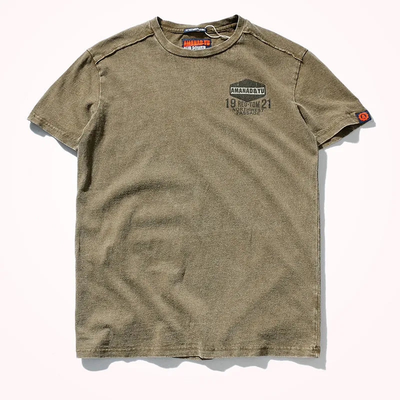 2023 Summer New American Street Short-sleeved O-neck Printed T-shirt Men's Fashion Pure Cotton Casual Washed Old Bottoming Tops