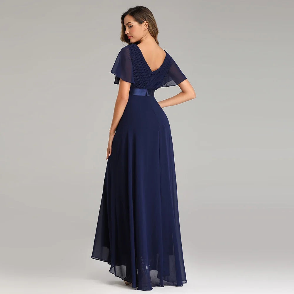 Evening Dresses Elegant V-Neck Ruffles Chiffon Formal Evening Gown  Robe Vestidos De Fiesta Dress for Wedding Party