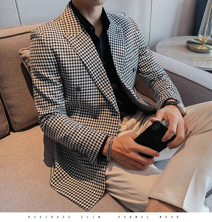 British Style Slim Fit Houndstooth Blazer For Men 2023 Fashion Double Breasted Business Office Wedding Dress Suit Jacket