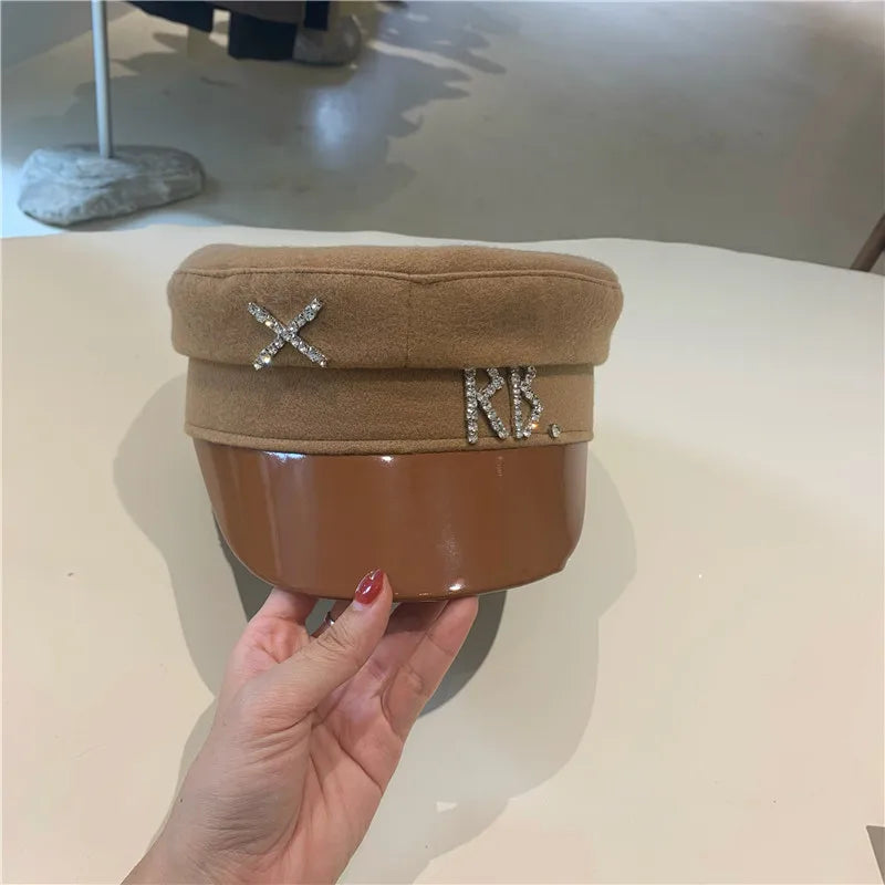 New Women Hats Crystal baker boy hat Wool Newsboy Caps Female Flat Militray Caps Visor S-XL