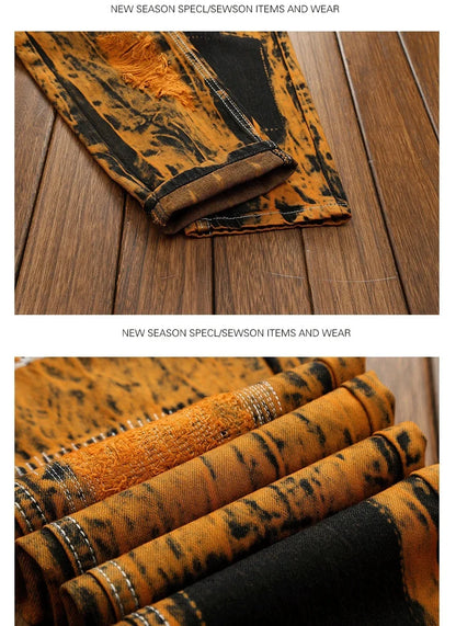 3D Black Patch Brown Jeans Men's High Street Pure Cotton Frayed Hole Fishing Net Decoration Elastic Comfortable Pants New