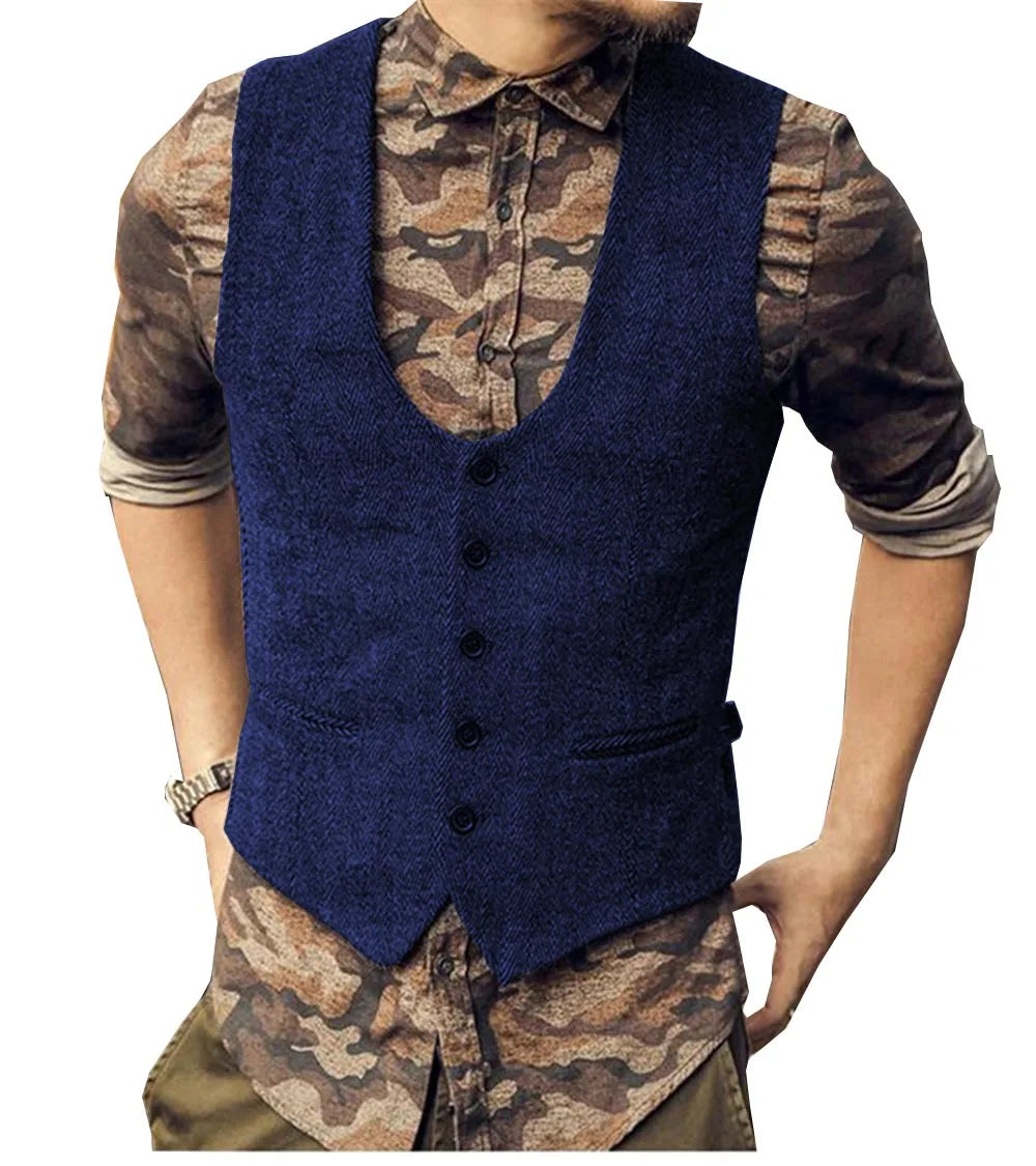 2022 Brown Men's Casual Herringbone Pattern Suit Vest Wool/Tweed Suit Vest U-neck Waistcoat Groomsmen For Wedding