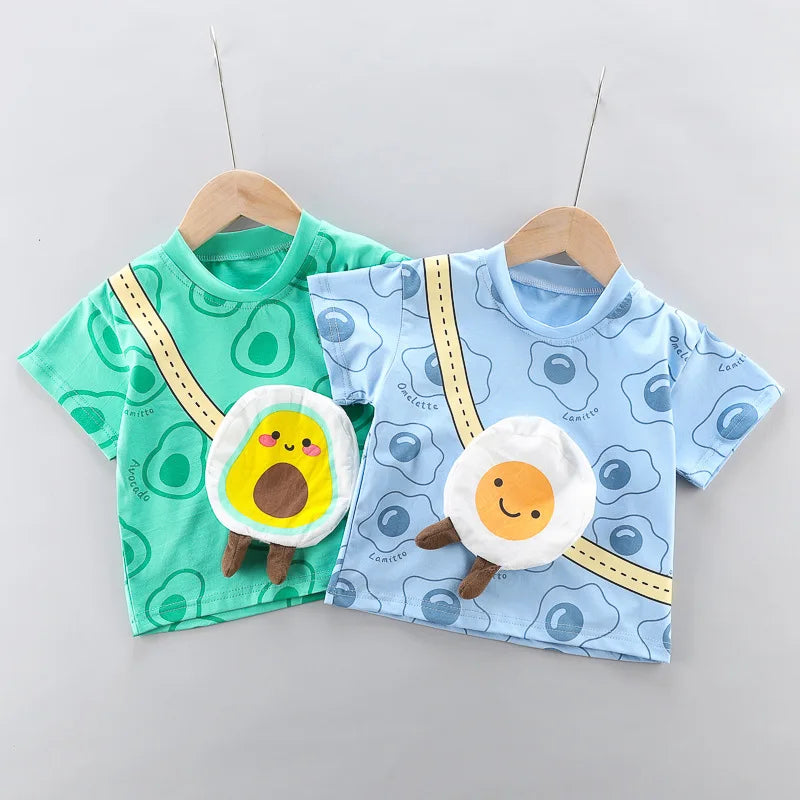 New Toddler Boys Fashion Casual Clothes Outfits 0-5years Baby Girls Print T-shirt with Cartoon Bag+Denim Shorts Summer Clothing