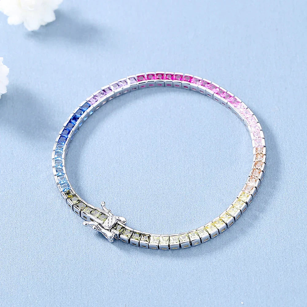 Pure Silver 17.5 CM Tennis Bracelet 4 mm Wide Square Chain With Full 2.5*2.5mm Bling Rainbow Zircon Real 925 Jewelry For Women