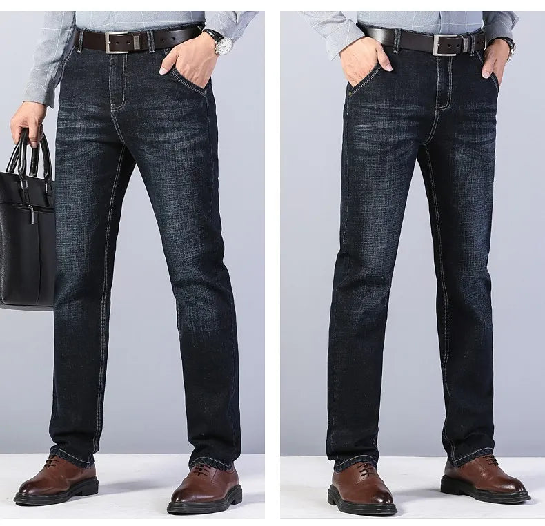 2026 Straight Elastic Cotton Jeans Men Fashion Business Classic Style Jean Denim Pants Trouser